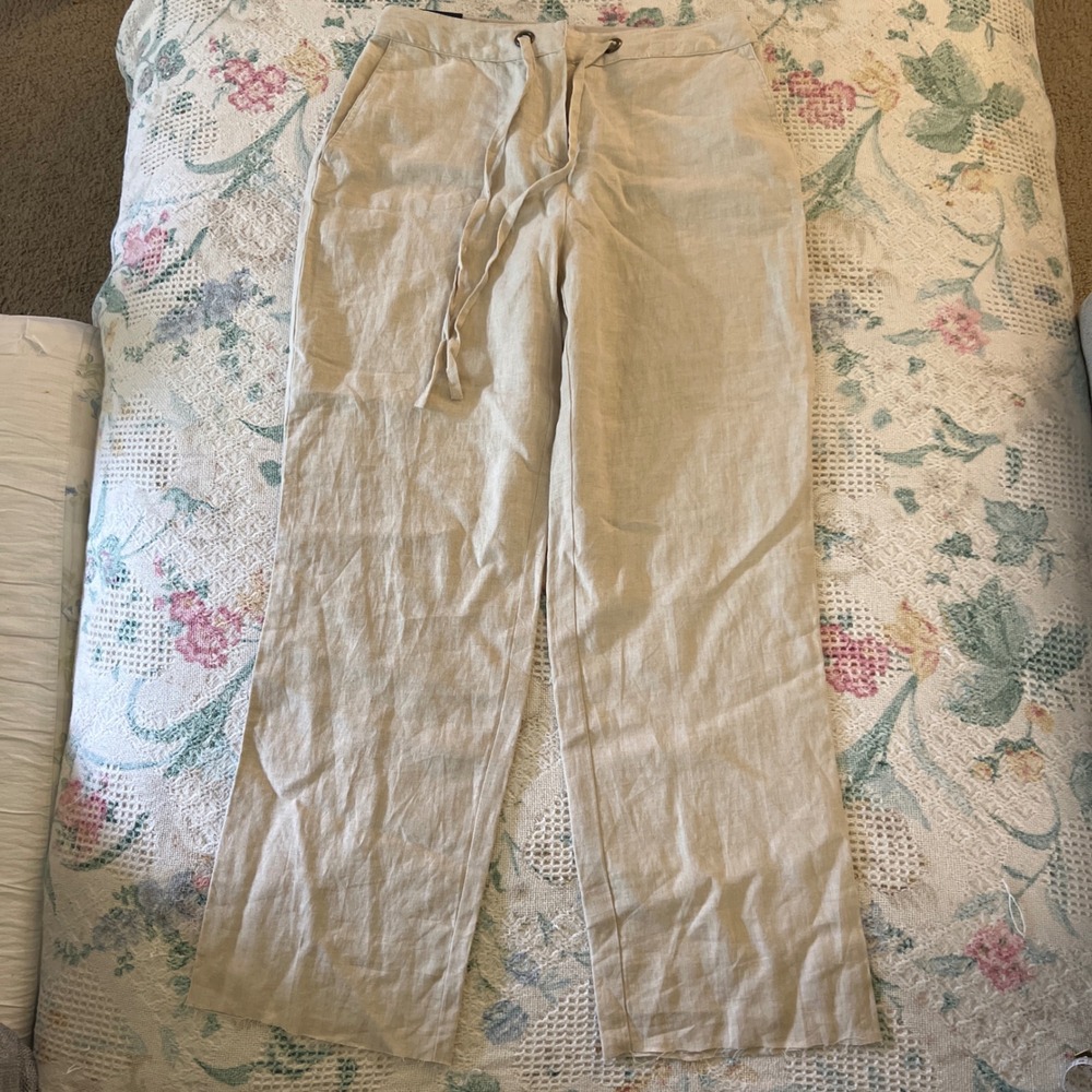 Charter Club Petite Classic Fit 100% Linen Pants Beige Oatmeal Wide Leg Size 12P
